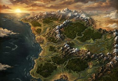 Vue aérienne du continent de Faerûn dans les Forgotten Realms avec montagnes, forêts et côte au coucher du soleil