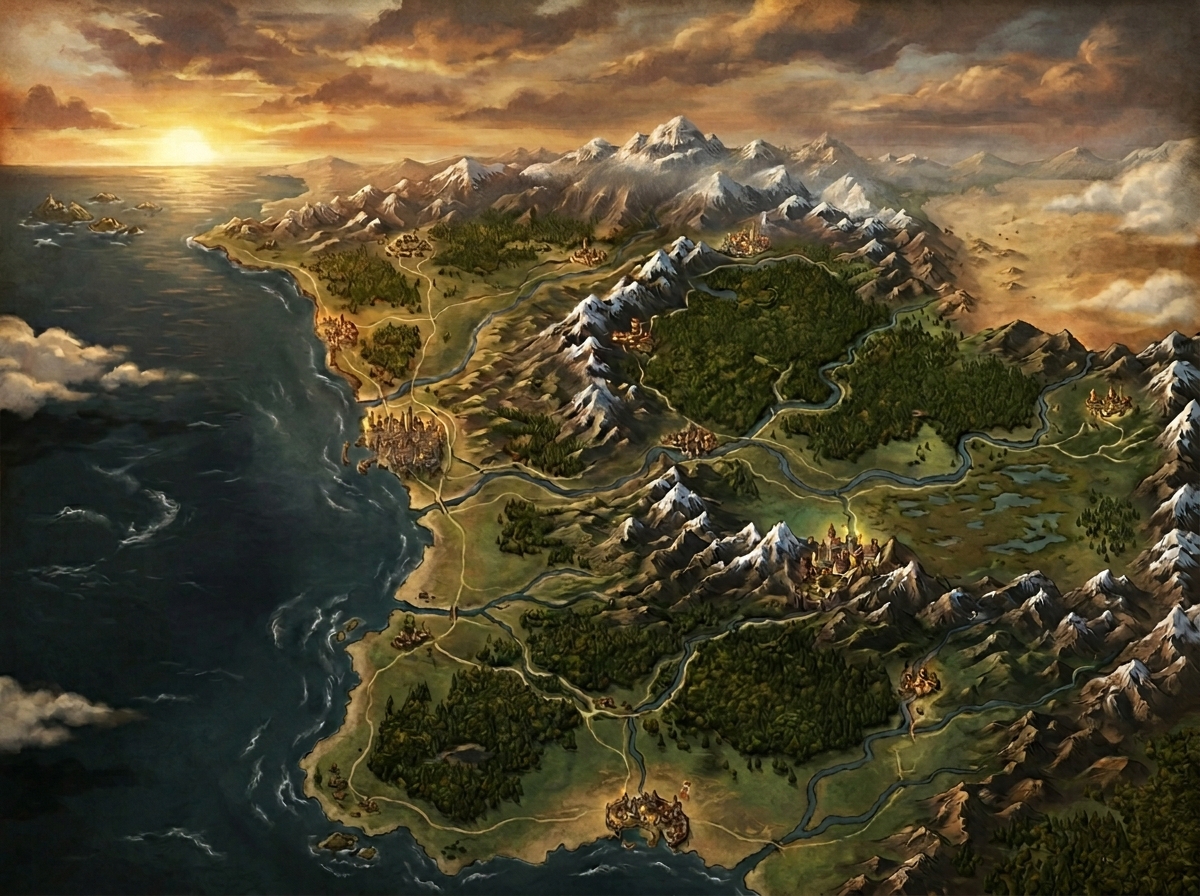 Vue aérienne du continent de Faerûn dans les Forgotten Realms avec montagnes, forêts et côte au coucher du soleil