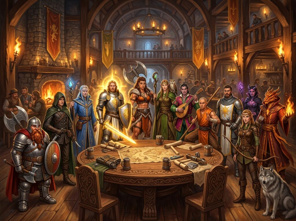 Hall des aventuriers de donjons et dragons. Intérieur cosy avec des torches autour d'une table.