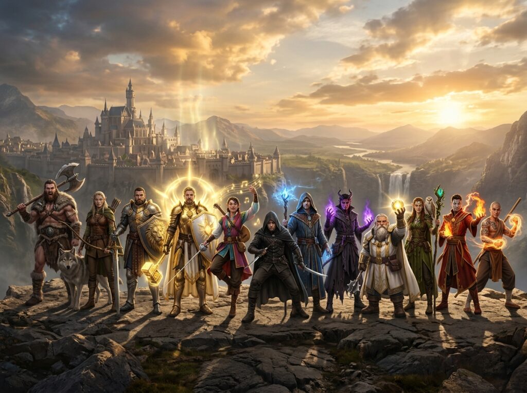 Illustration des douze classes de donjons et dragons dans le soleil avec une cité médiévale au loin.