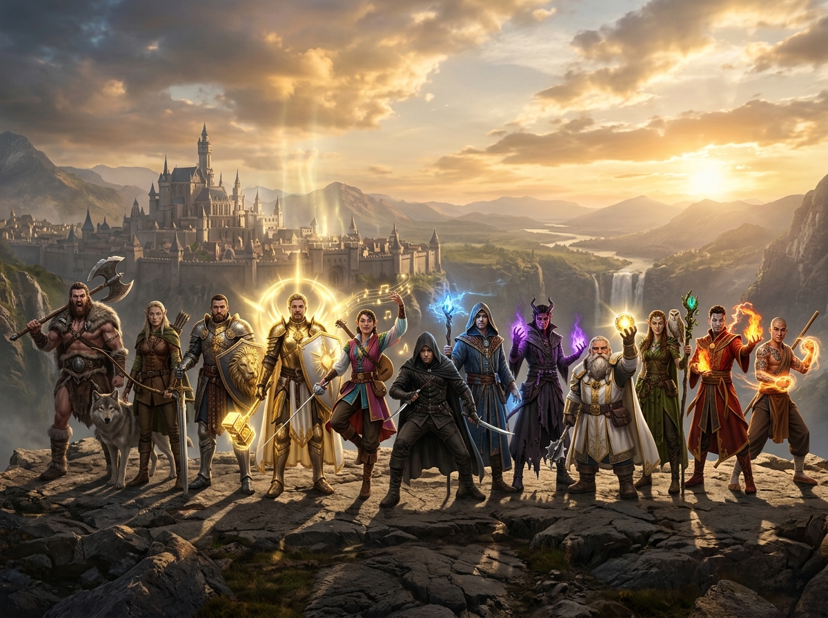 Illustration des douze classes de donjons et dragons dans le soleil avec une cité médiévale au loin.