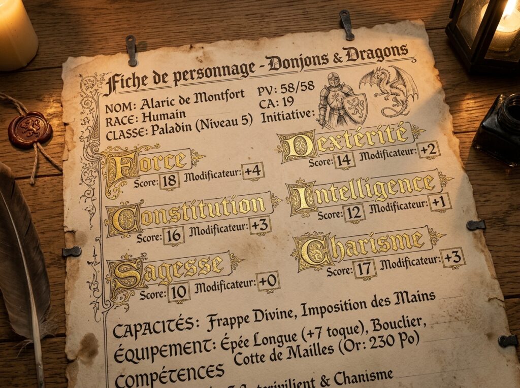 Créer un personnage DnD 2024 : guide complet pour bien débuter dans Donjons et Dragons 2 Une feuille de personnage donjon et dragon avec des lettres dorées.
