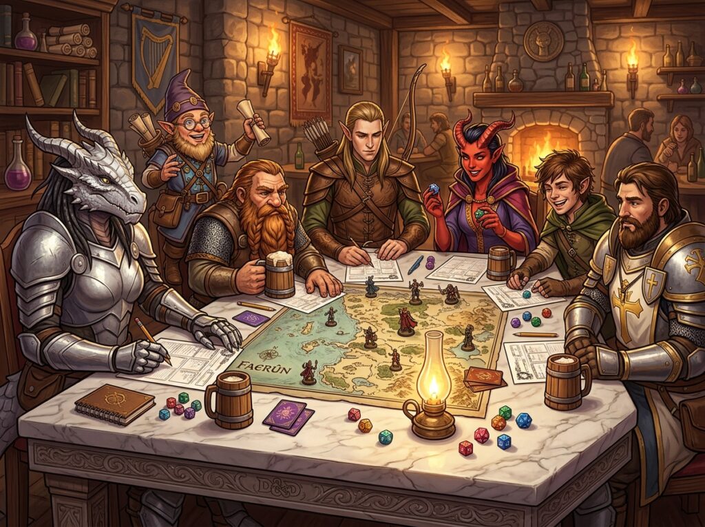 Créer un personnage DnD 2024 : guide complet pour bien débuter dans Donjons et Dragons 4 Des personnages autour d'une table en marbre.