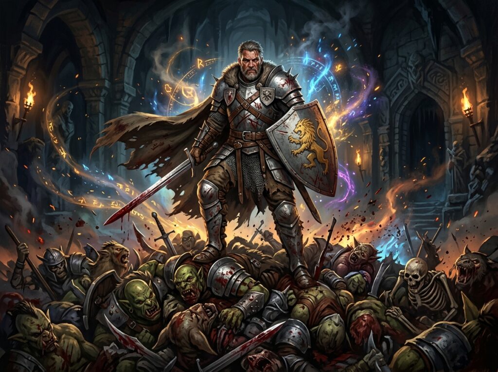 illustration d'un guerrier barbé d'objets magiques dans Donjon et dragon.
