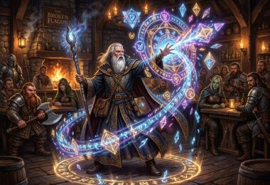 Un personnage de Donjon et Dragon fait usage de sortilèges dans une taverne.