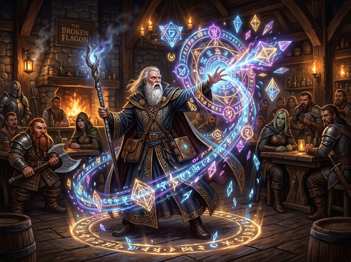 Un personnage de Donjon et Dragon fait usage de sortilèges dans une taverne.