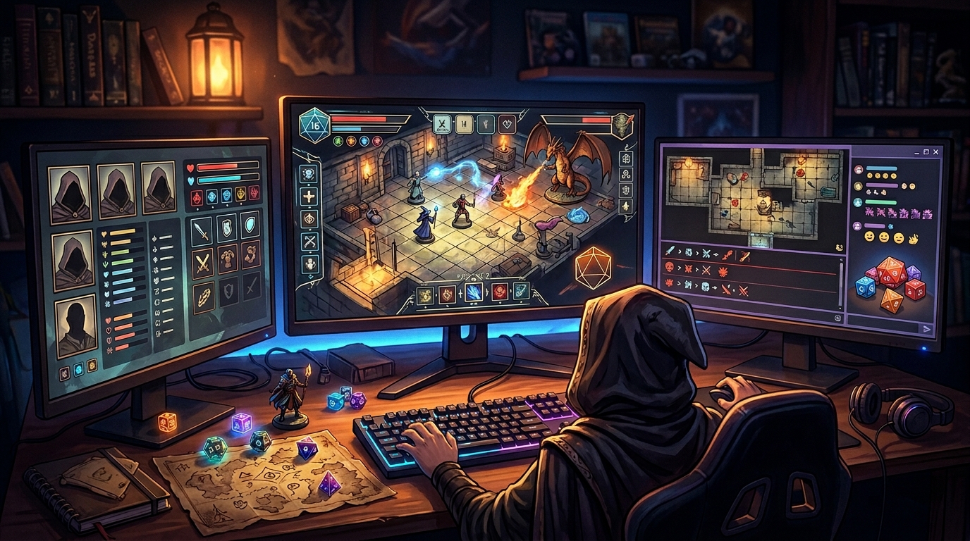 Multiples écrans diffusant un stream JDR actual play sans visages visibles