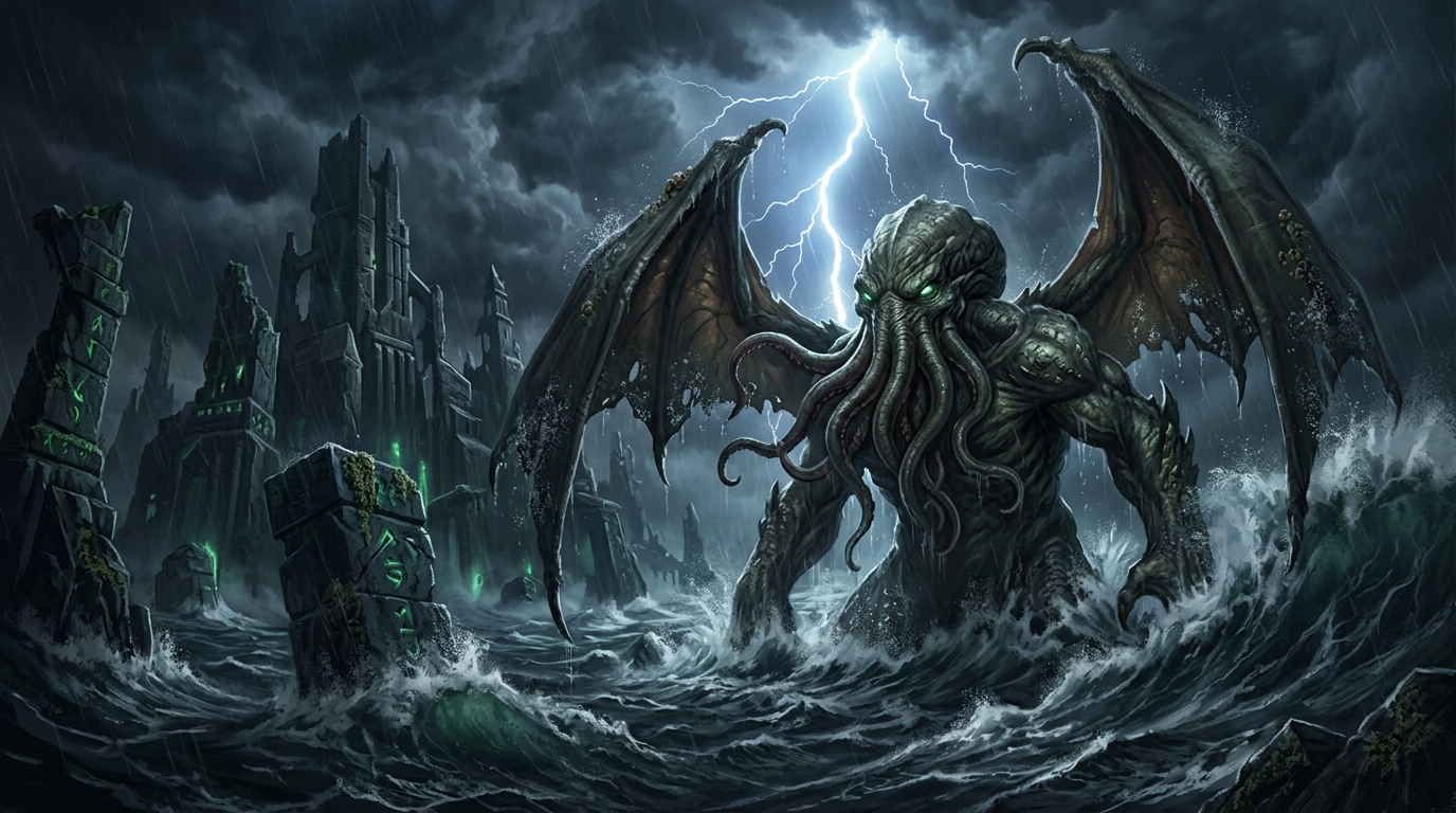 Cthulhu colossal émergeant des profondeurs océaniques près d'une cité engloutie