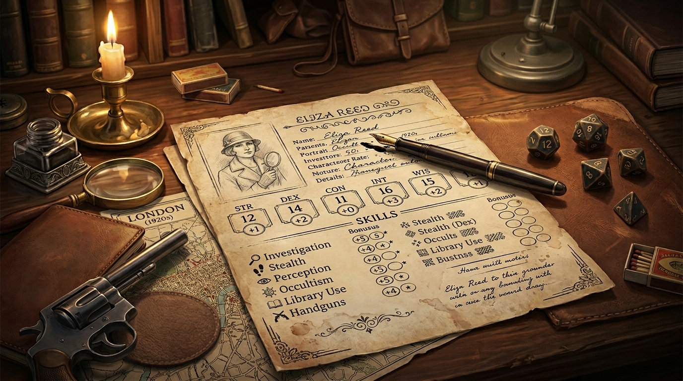 Fiche d'investigateur de L'Appel de Cthulhu posée sur un bureau ancien avec dés et plume