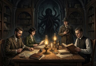Investigateurs des années 1920 autour d'une table gothique pour une partie de L'Appel de Cthulhu