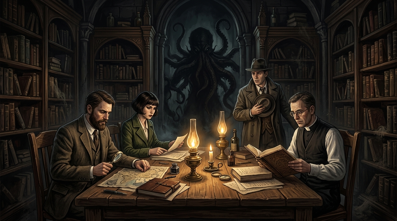 Investigateurs des années 1920 autour d'une table gothique pour une partie de L'Appel de Cthulhu