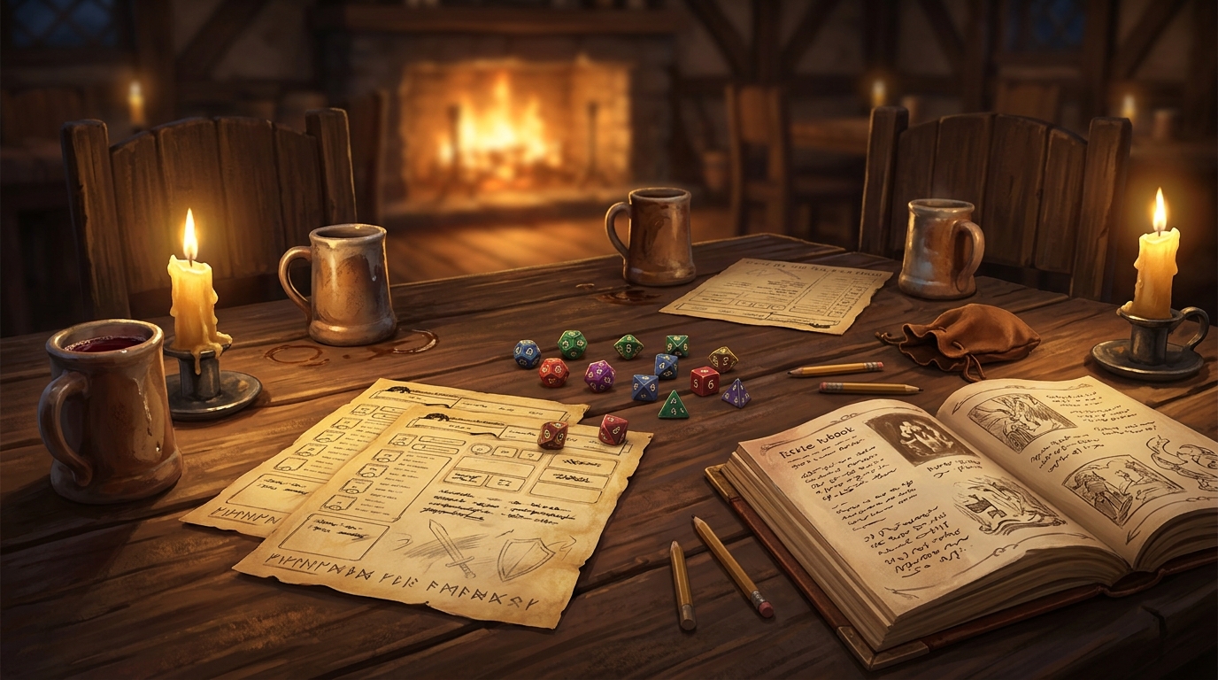 La Bonne Auberge : l'actual play FR qui rassemble six ans de fidèles 2 Table de jeu La Bonne Auberge avec dés, fiches et chopes dans une ambiance taverne