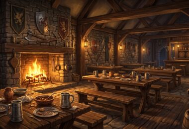 Taverne médiévale chaleureuse de La Bonne Auberge avec feu de cheminée