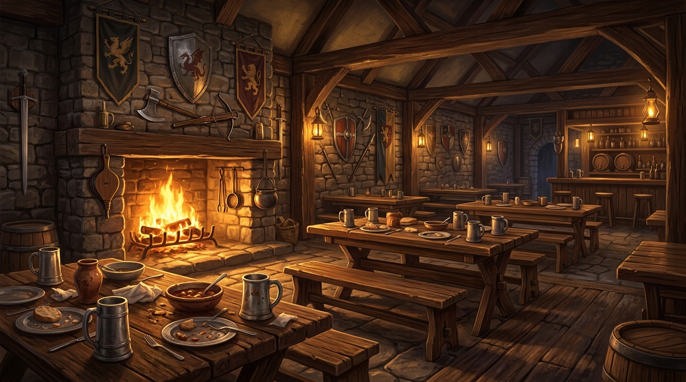 Taverne médiévale chaleureuse de La Bonne Auberge avec feu de cheminée