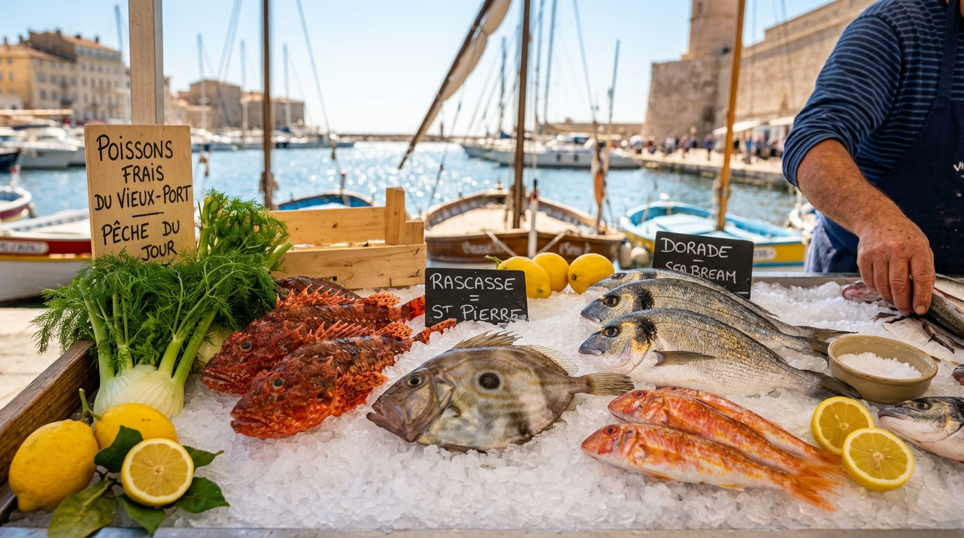 Marché aux poissons de Marseille avec poissons frais, rascasse, vive, crabes et filets