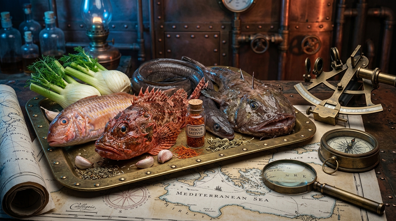 Bouillabaisse du Nautilus : la recette du capitaine Nemo 2 Ingrédients de la bouillabaisse du Nautilus : lotte, congre, safran, algues, échalotes, instruments de cuisine métalliques