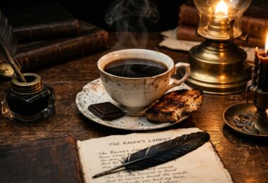 cafe noir corbeau poe plume lampe gaz