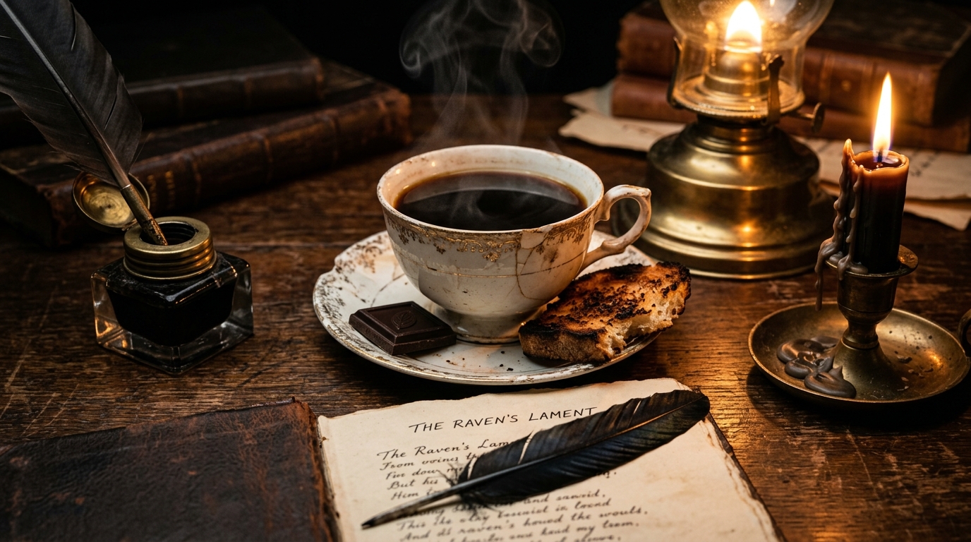 cafe noir corbeau poe plume lampe gaz