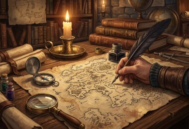 Cartographe dessinant une carte JDR fantasy à la plume sur un bureau ancien