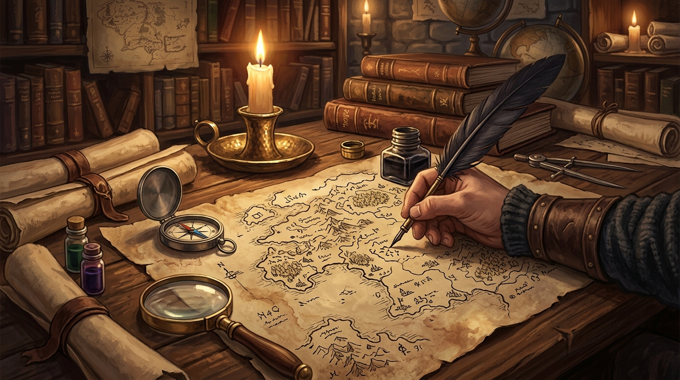 Cartographe dessinant une carte JDR fantasy à la plume sur un bureau ancien