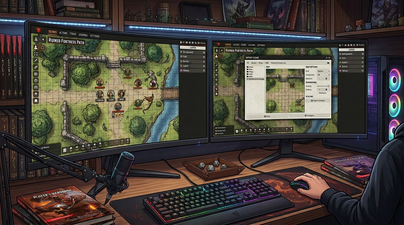Carte JDR importée dans une table virtuelle sur double écran avec calques et grille