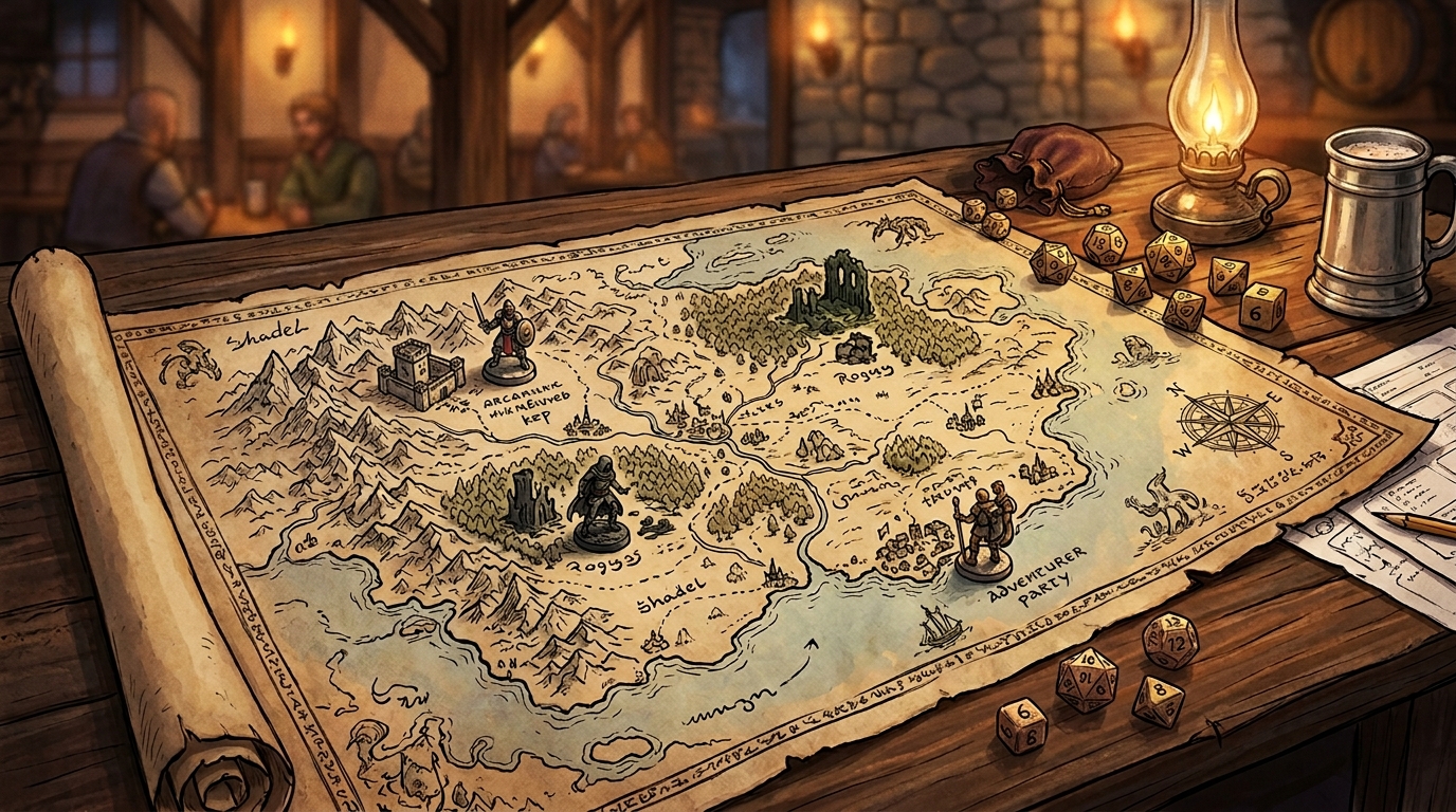 Carte JDR fantasy d'un continent dépliée sur une table avec figurines aux lieux clés