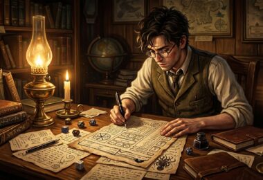 Jeune investigateur créant son personnage de L'Appel de Cthulhu avec fiche manuscrite et dés
