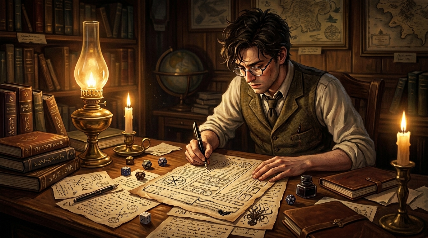 Jeune investigateur créant son personnage de L'Appel de Cthulhu avec fiche manuscrite et dés