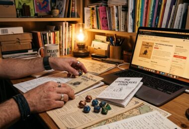 Créateur de JDR à son bureau avec dés, livrets faits maison et boutique en ligne, création en licence libre