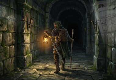 Aventurier solo de D&D explorant un couloir de donjon à la lueur d'une lanterne
