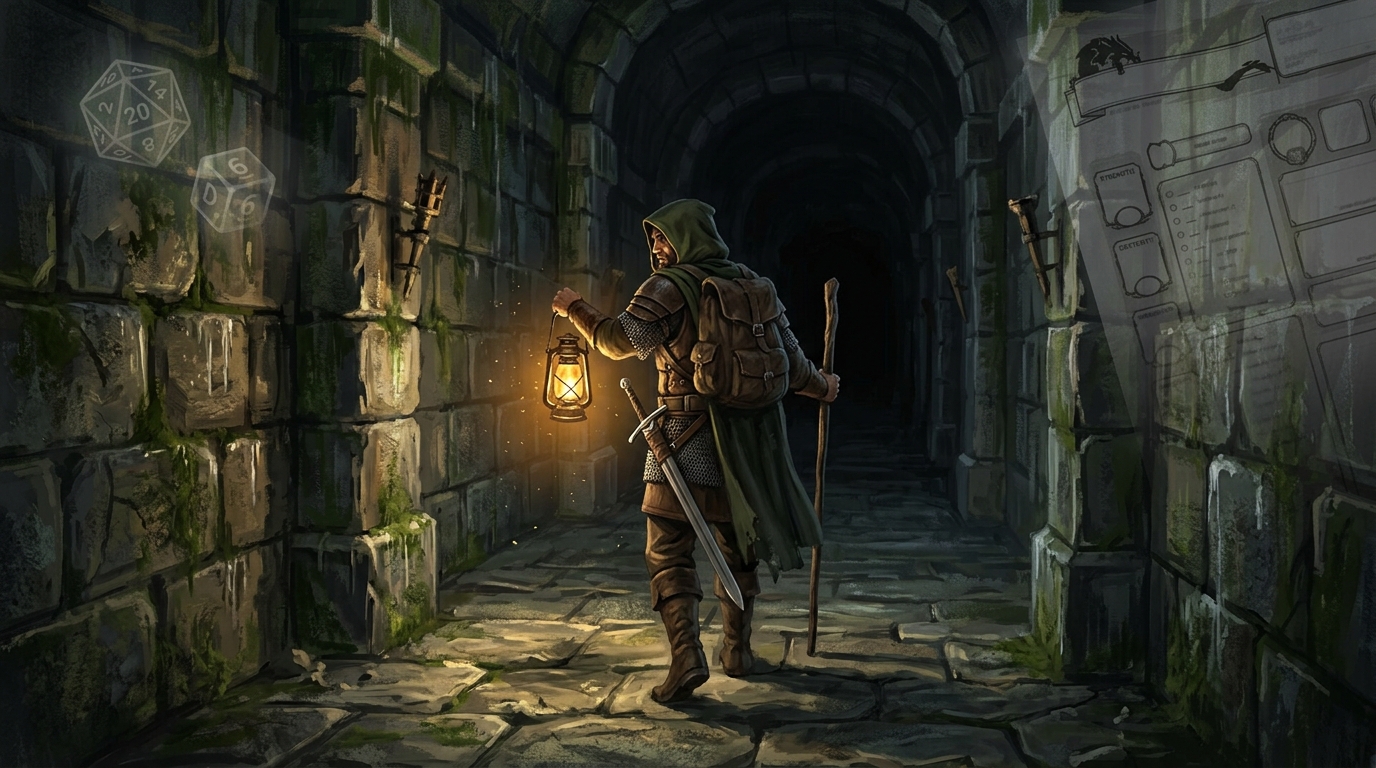 Aventurier solo de D&D explorant un couloir de donjon à la lueur d'une lanterne