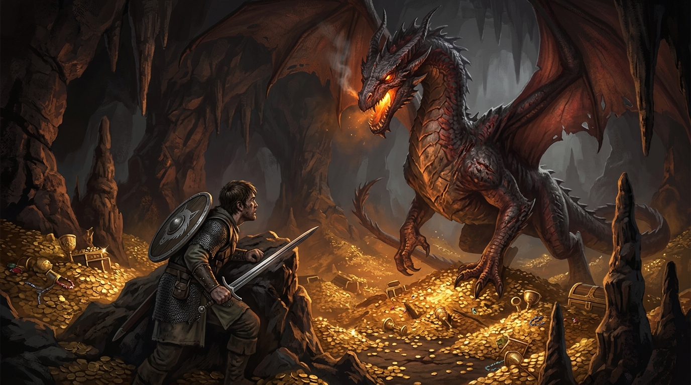 DnD solo : adapter les règles pour jouer seul 3 Héros solo de DnD affrontant un dragon ancien dans une caverne remplie d'or