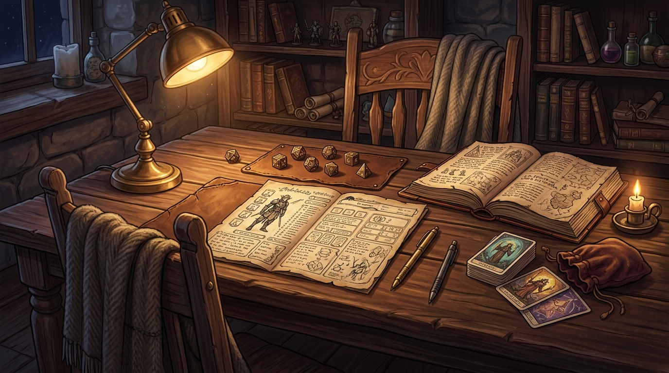 DnD solo : adapter les règles pour jouer seul 2 Setup DnD solo sur table avec une seule chaise, fiche de personnage et dés