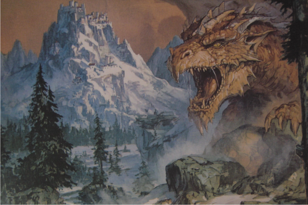 Dragon survolant des montagnes brumeuses, ambiance heroic fantasy évoquant l'approche héroïque de Donjons et Dragons face à Rolemaster