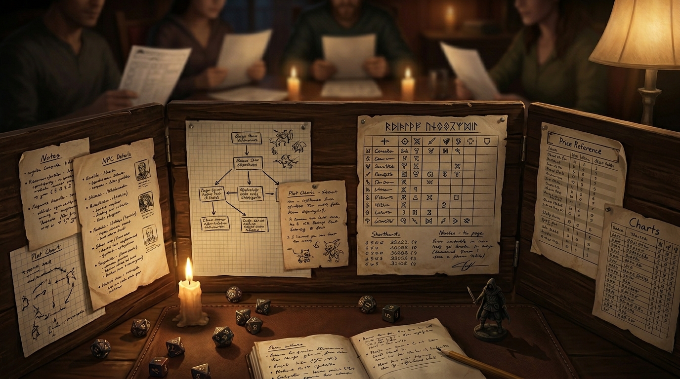 Vue intérieure de l'écran MJ avec tables de référence et aides de jeu manuscrites