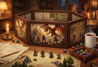 Écran de MJ à trois panneaux sur une table de JDR avec dés, fiches et figurines