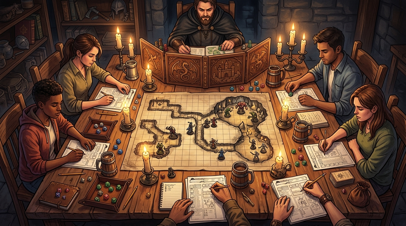 Scène de table de JDR vue du dessus avec écran MJ, joueurs et figurines sur carte