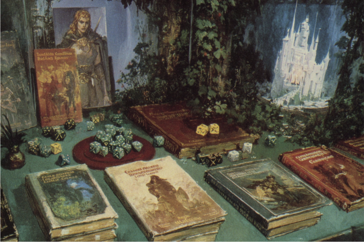 Présentoir de collectionneur évoquant la gamme culte Rolemaster, manuels anciens, icônes encadrées et bougies dans une lumière feutrée