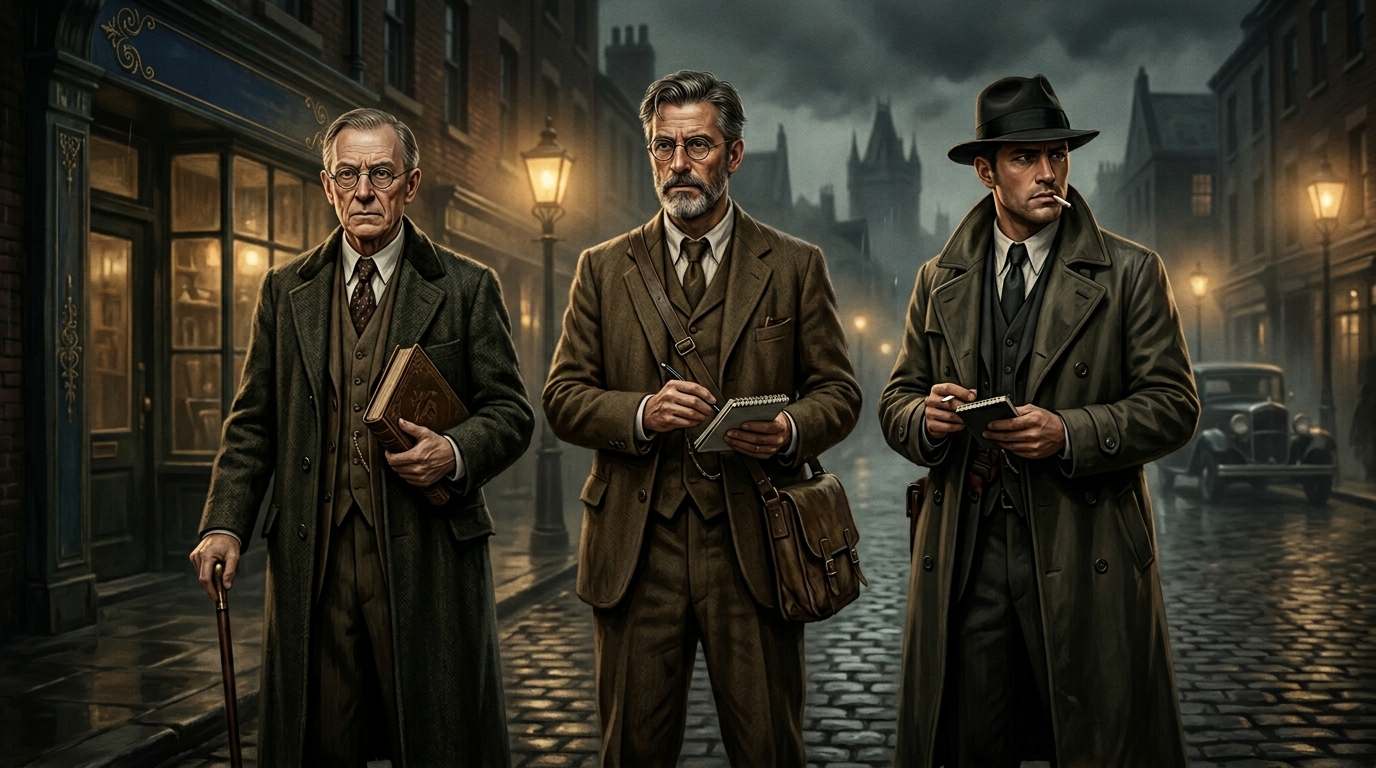 Trois archétypes d'investigateurs Cthulhu : antiquaire, professeur et détective privé en 1920