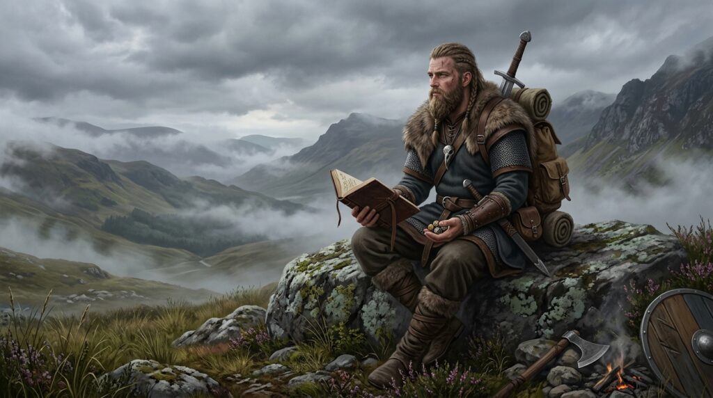 Aventurier nordique solo d'Ironsworn assis sur un rocher dans une lande brumeuse