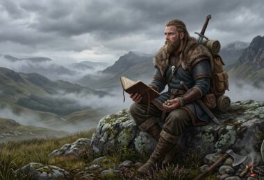 Aventurier nordique solo d'Ironsworn assis sur un rocher dans une lande brumeuse