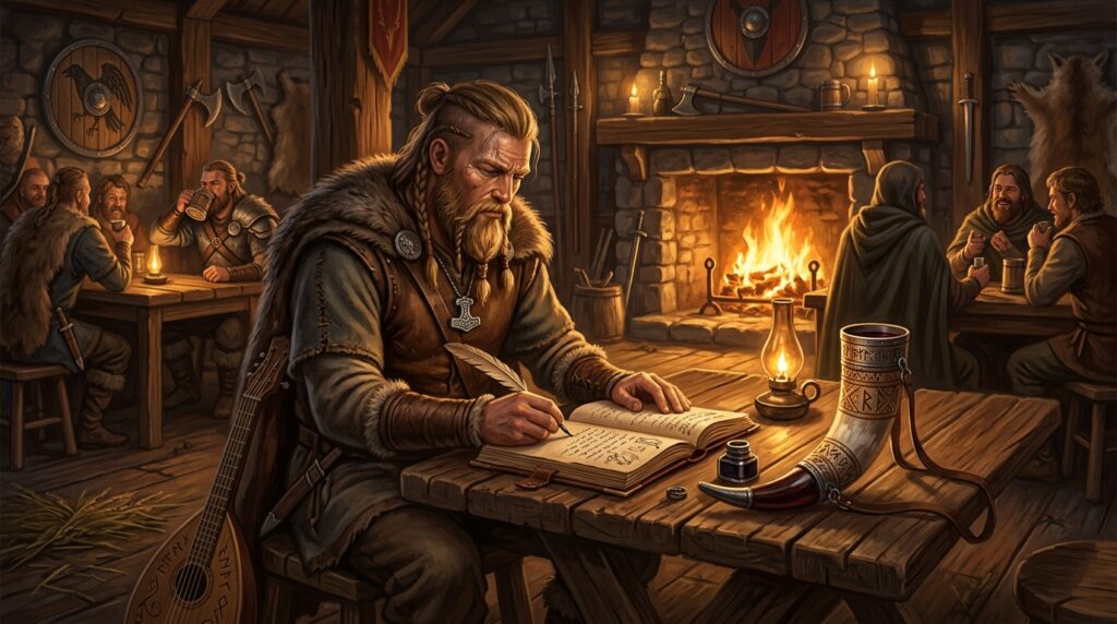 Barde nordique d'Ironsworn écrivant ses aventures dans une taverne au coin du feu
