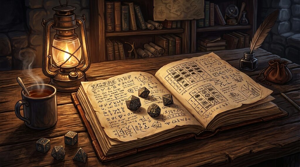 Carnet ouvert d'Ironsworn avec tables d'oracle, dés et lanterne sur table en bois