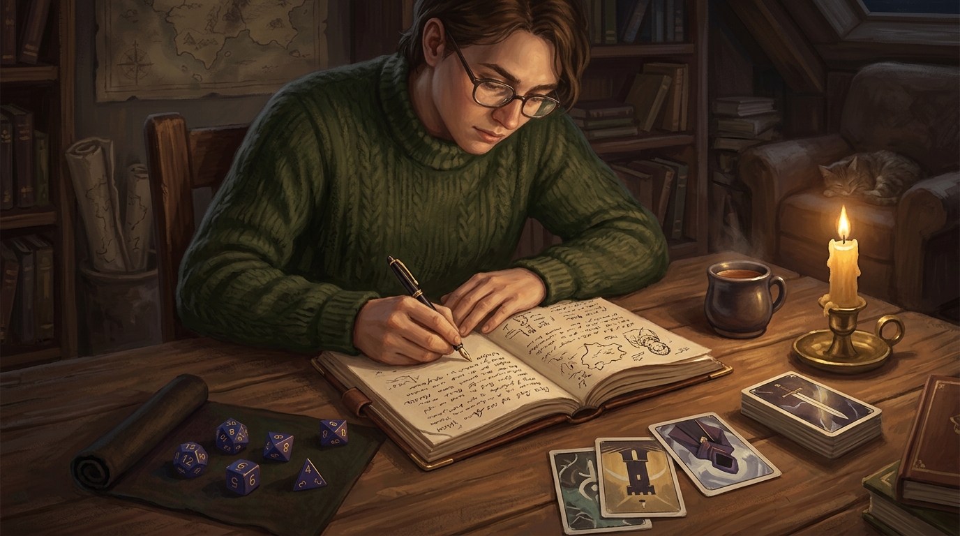 Solo vs groupe : les vraies différences du JDR en table 2 Joueur solo en intimité avec son journal d'aventures personnelles