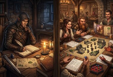 Contraste entre aventurier solitaire et groupe de joueurs autour d'une table