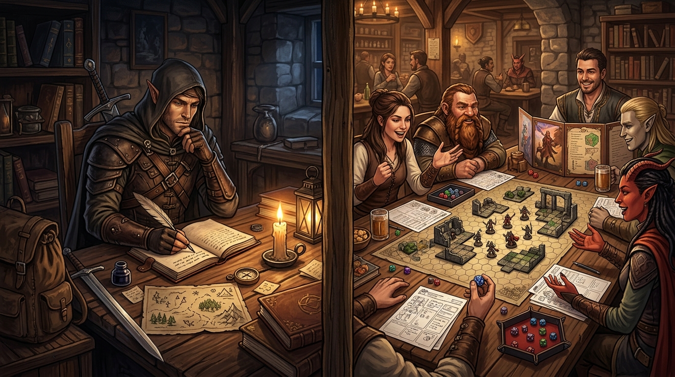 Contraste entre aventurier solitaire et groupe de joueurs autour d'une table