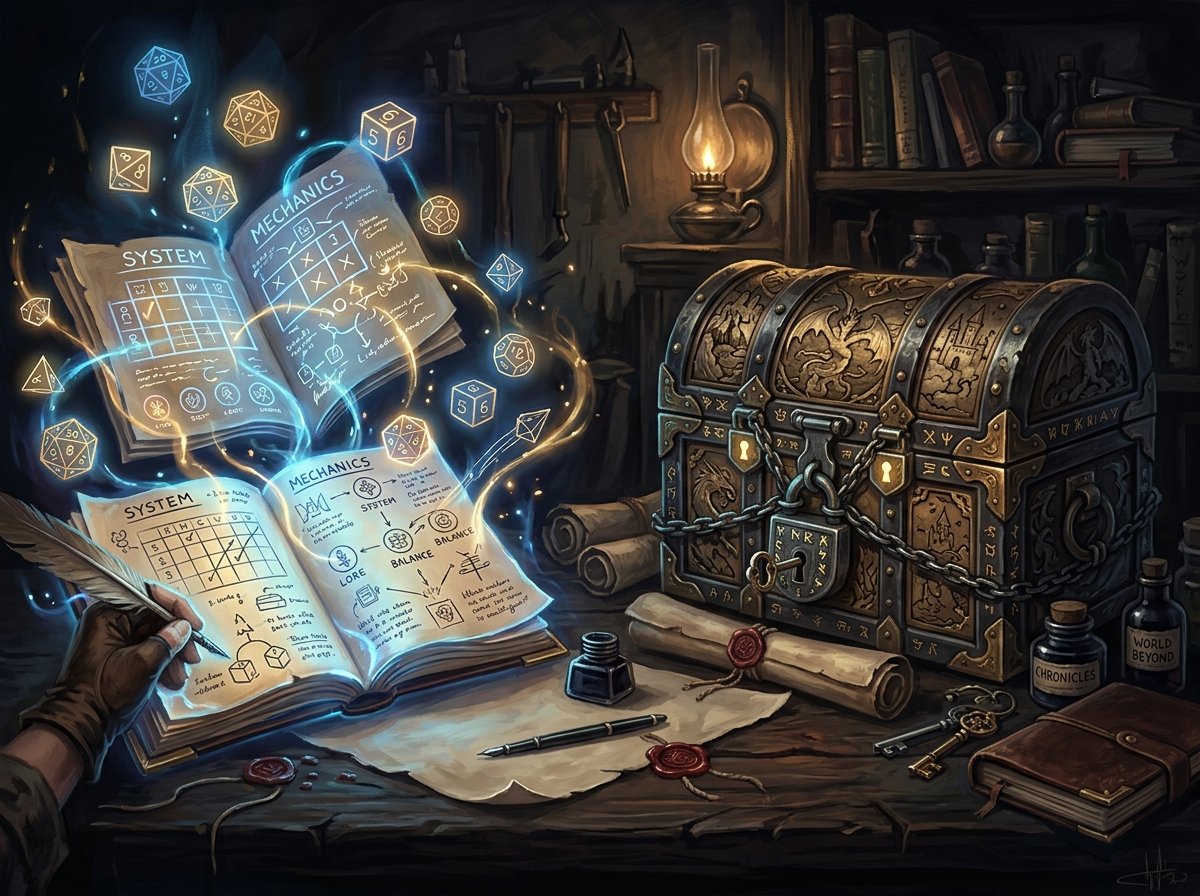Créer un JDR en licence libre : ce qu'on a vraiment le droit de faire 1 Mécaniques de jeu libres face à un coffre verrouillé, métaphore de l’univers protégé dans les licences libres JDR