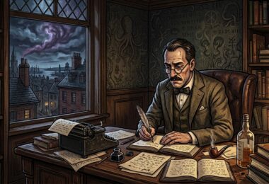 Portrait stylisé de Lovecraft à son bureau à Providence, créateur du mythe de Cthulhu