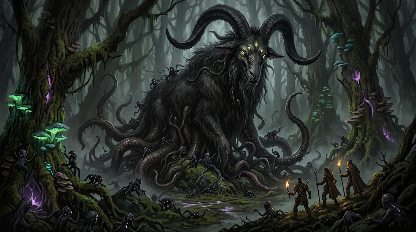 Shub-Niggurath, la Chèvre noire aux mille chevreaux, dans une forêt primordiale