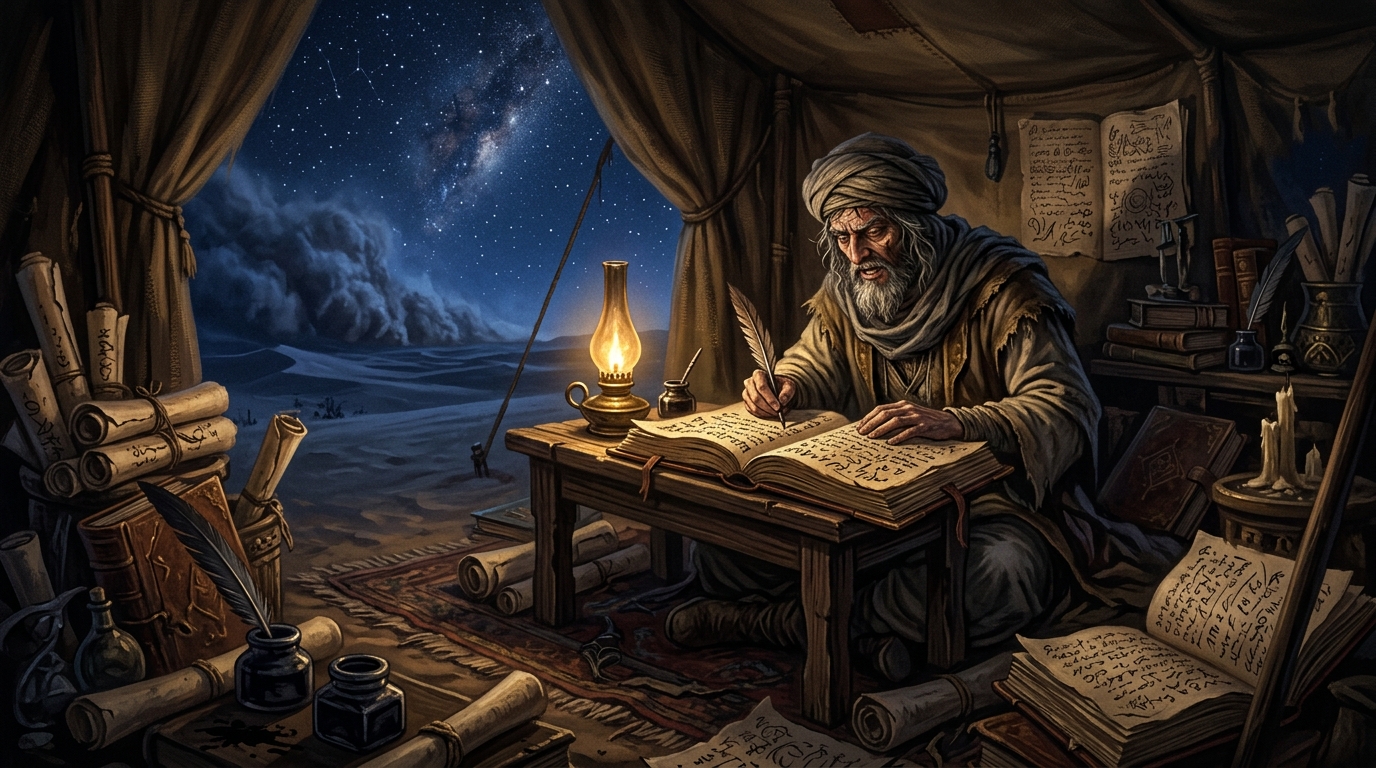 Abdul Alhazred, l'Arabe fou auteur du Necronomicon, écrivant dans une tente du désert